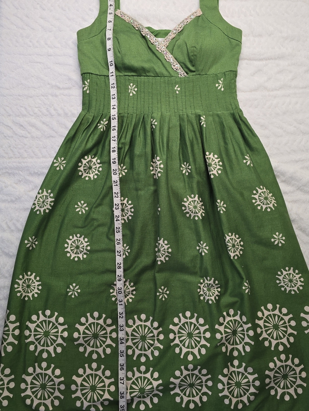 Dressbarn Fit Flare Dress Green Retro Print Sleeveless Beaded Sweetheart Neck 4 - Picture 12 of 12